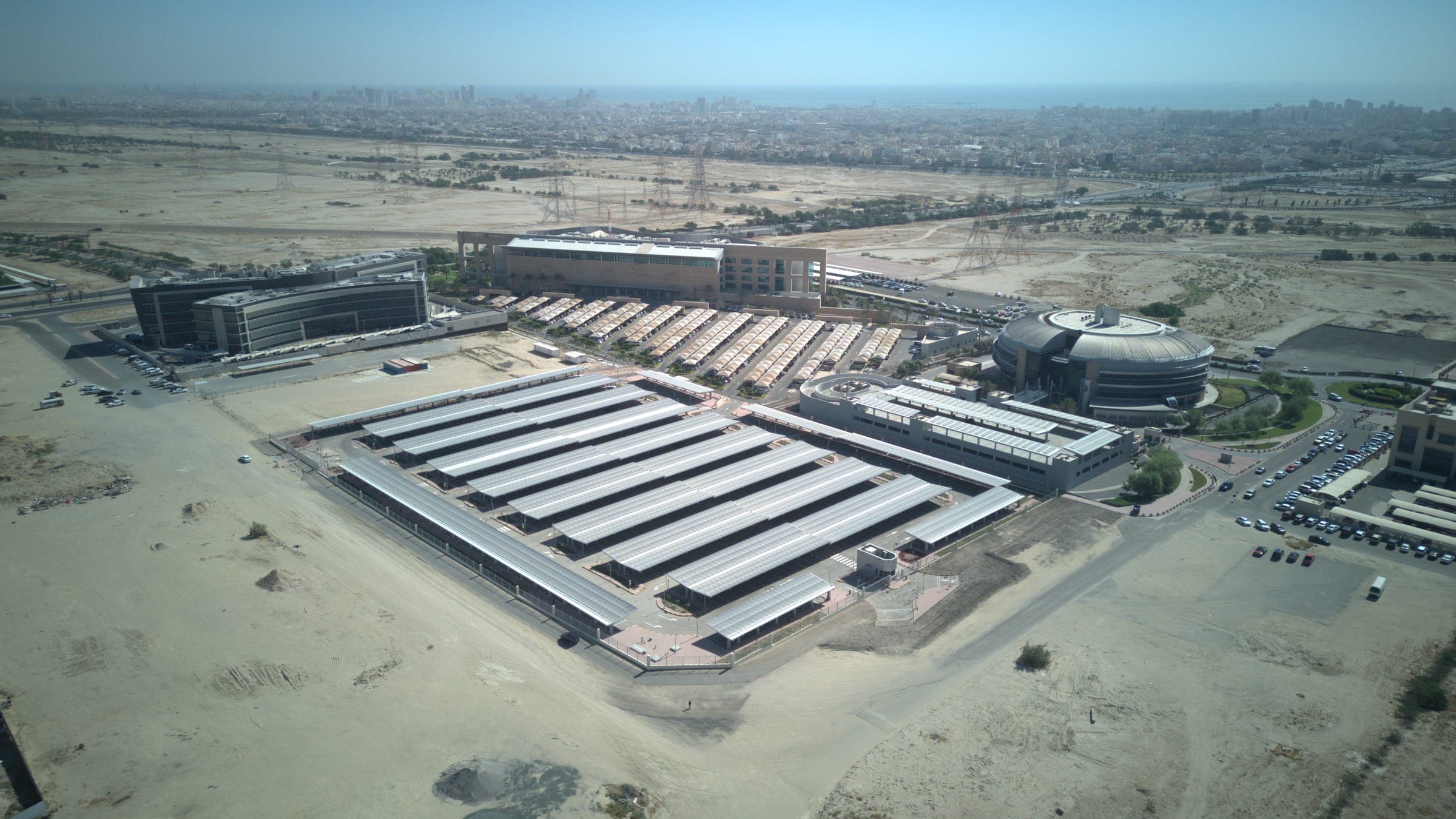 Aerial view of the KNPC Headquarters rooftop and solar carport in East Ahmadi, Kuwait